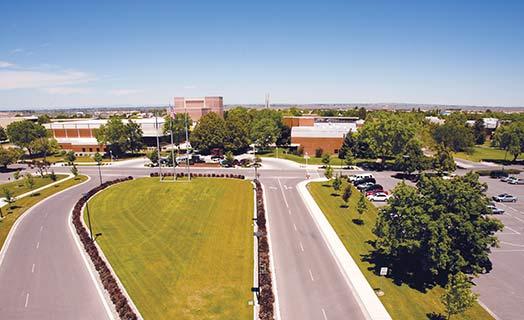 Overhead shot of campus from main entrance on falls avenue